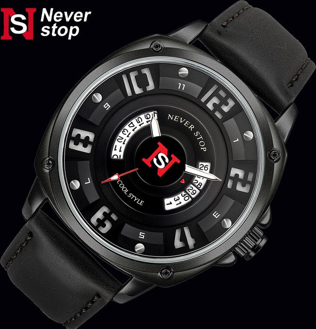 NS Armbanduhr Quarz, Lederarmband, Schwarz, Herren, Datum, Leuchtzeiger - Bild 1