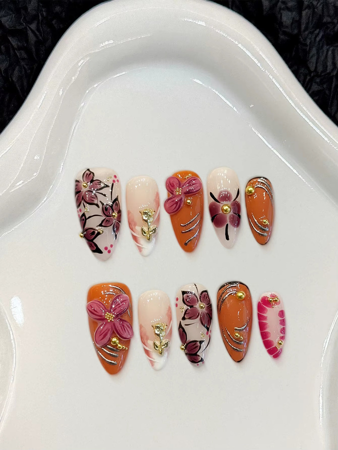 YADORNOS Press on Nails, 10 Stück, Mandel, 3D-Blüten, Glänzend, Damen - Bild 2