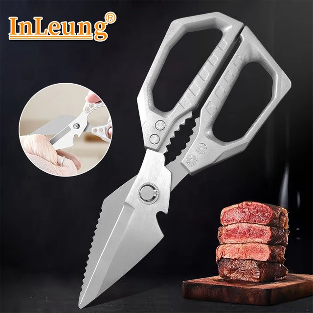 InLeung Multifunktionale Küchenschere aus Edelstahl in Silber als Hochleistungs-Hühnerschere zum Schneiden von Fleisch und Knochen - Bild 1