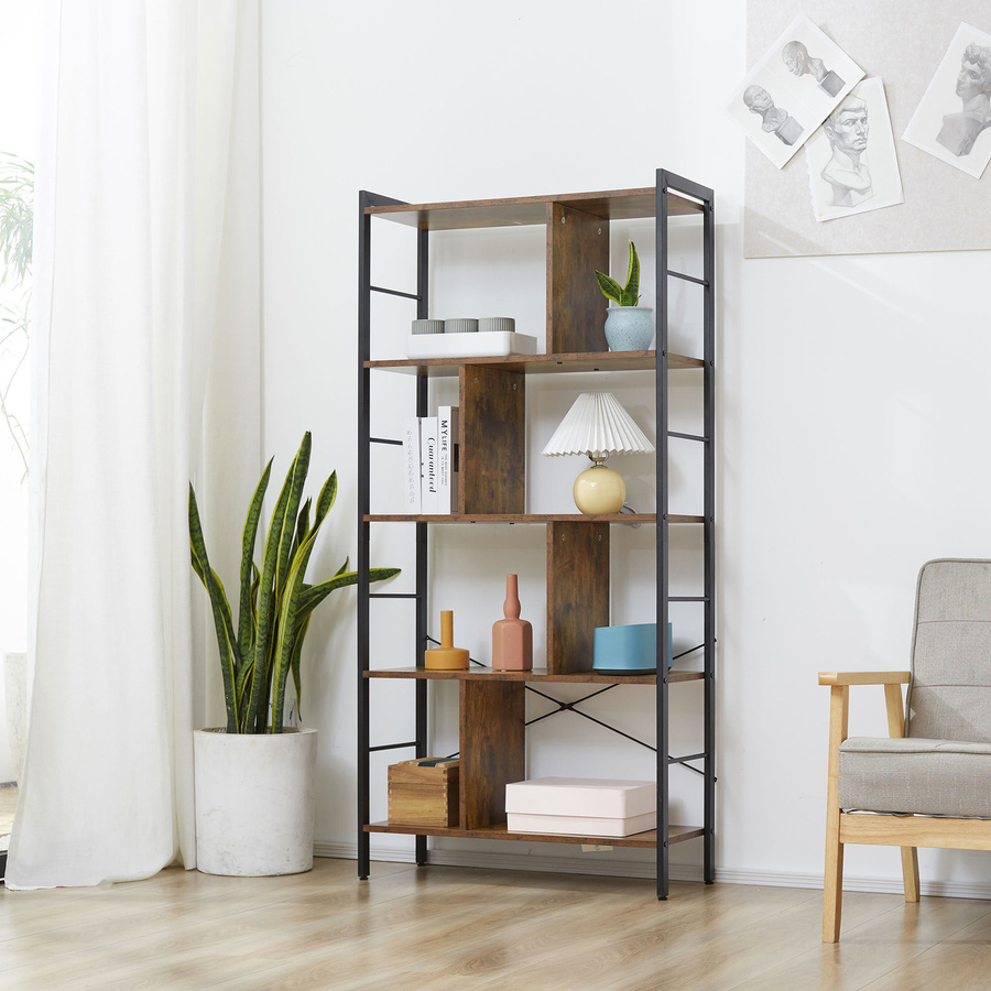 HOMCOM Bücherregal im industriellen Design mit 5 Ebenen, Schmal Standregal aus Holzspan und Metall in Rustikalem Braun, B/T/H: 77 x 30 x 57,5 cm - Bild 2