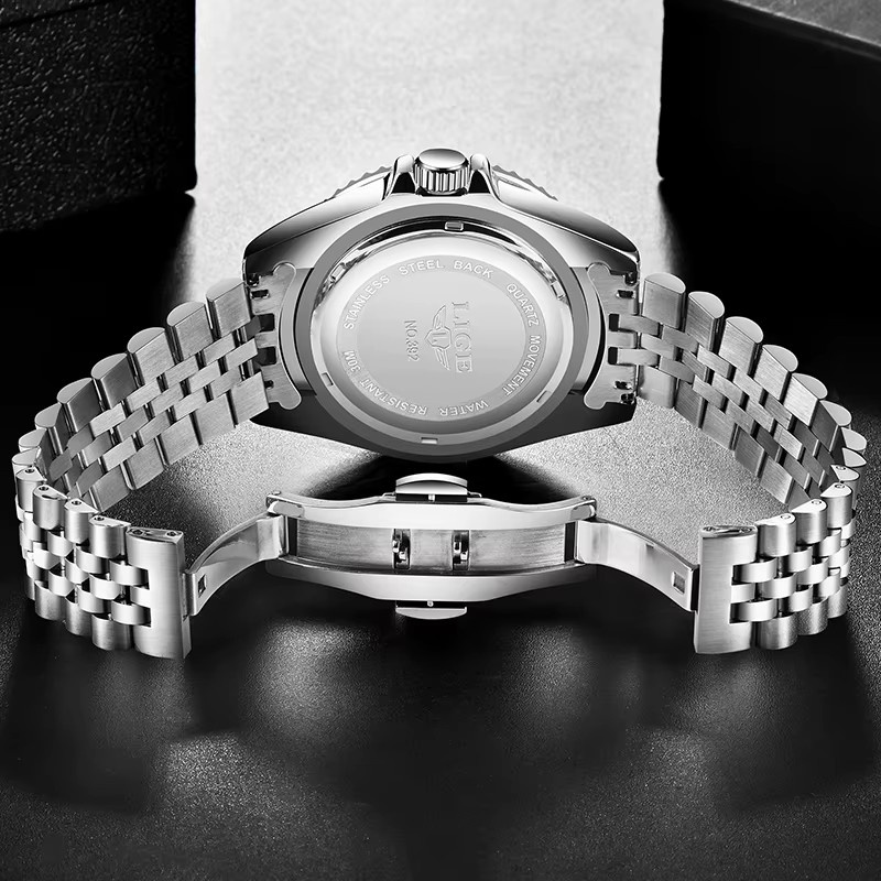LIGE Armbanduhr Quarz, Edelstahl, Schwarz, Silber, Herren - Bild 3
