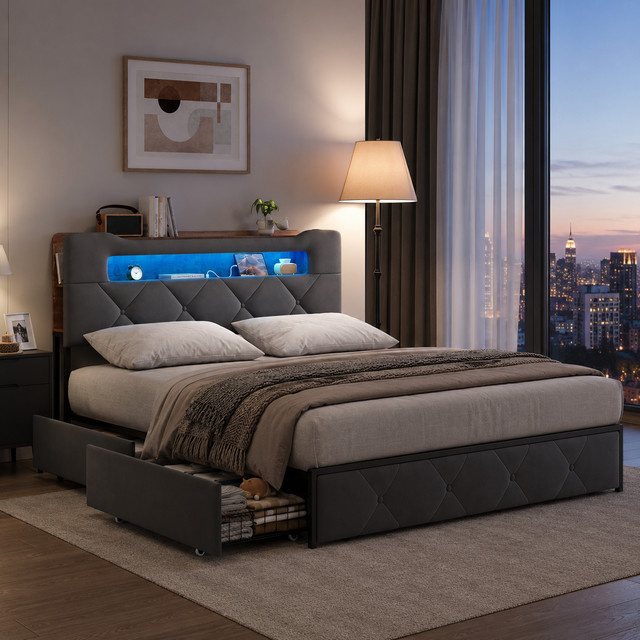 HYNHXBP Doppelbettgestell aus Samt mit Kopfteil-Stauraum, vier Schubladen und Unterbettbeleuchtung, B/T/H: 160 x 200 cm, MDF und Metall, Beige/Grau - Bild 1