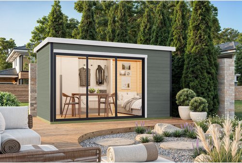 Lasita Gartenhaus Austin Blockbohlenhaus mit Flachdach in Grau-Grün lasiert, B/H/T: 439,6 x 239,4 x 259,6 cm - Bild 1