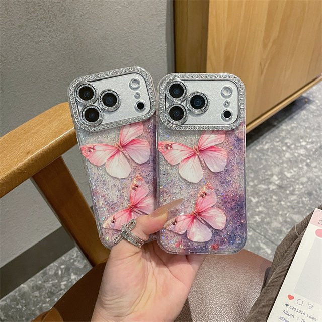 Glitzernde Apple iPhone Schutzhülle mit rosa Diamant-Pailletten und Schmetterlings-Design für iPhone 17, 16, 15, 14, 13 Pro Max - Bild 1