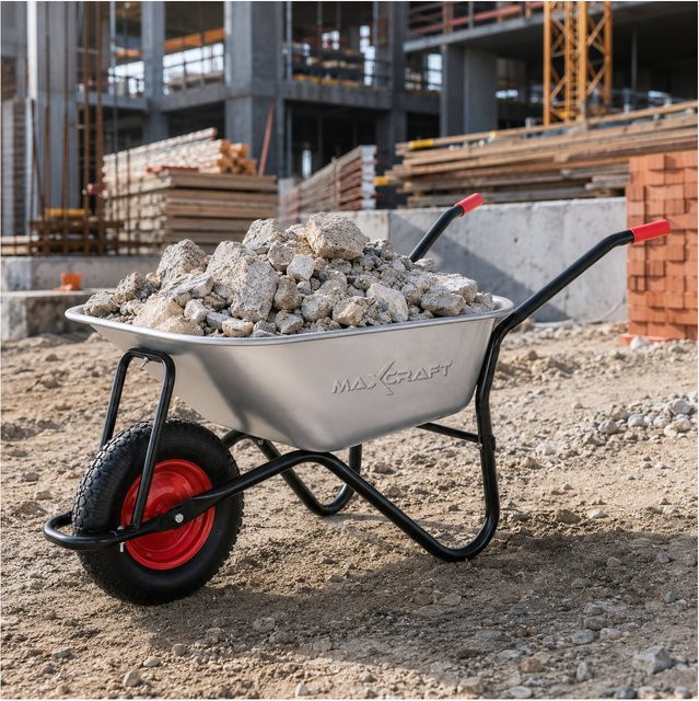 MAXCRAFT Bauschubkarre mit Luftbereifung, Tragkraft 250 kg, Volumen 100 l, Schwarz/Silber - Bild 1