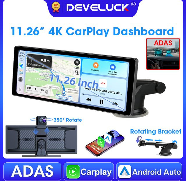 Develuck 4K Dashcam mit ADAS und Carplay Android Auto, 11,26 Zoll Frontkamera in Schwarz - Bild 1