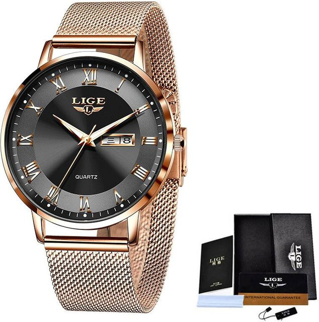 LIGE Armbanduhr Quarz, Edelstahl, Roségold/Schwarz, Herren - Bild 1