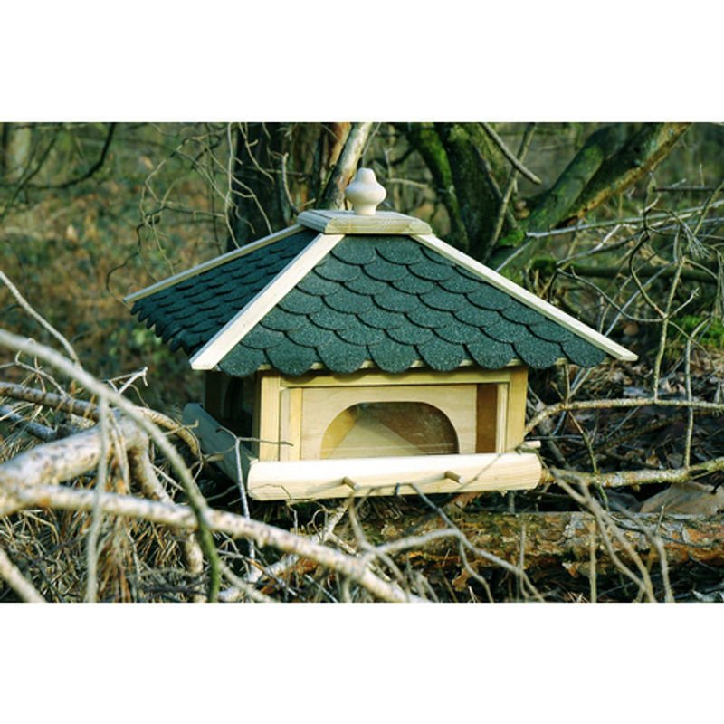 dobar Futterhaus für Wildvögel aus Kiefernholz mit grünen Bitumenschindeln, Anflugstangen und 4 Futterbehältern in Natur/Grün-Beige - Bild 4