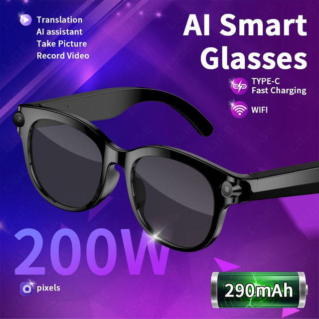 LIGE AI Smart-Brille mit 2MP-Kamera in Schwarz: Sonnenbrille mit Echtzeit-Übersetzung in über 100 Sprachen, Bluetooth-Funktion für Anrufe und Videoaufnahme mit 290mAh Akku - Bild 1