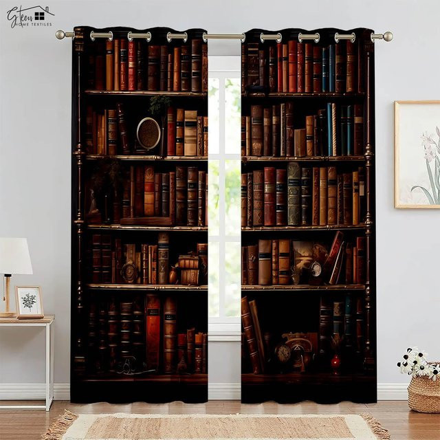Yiran Furniture Retro Bücherregal Vorhang Set mit 3D-Druck, 2-teilig, Braun, B: 50 cm, H: 160 cm - Bild 1
