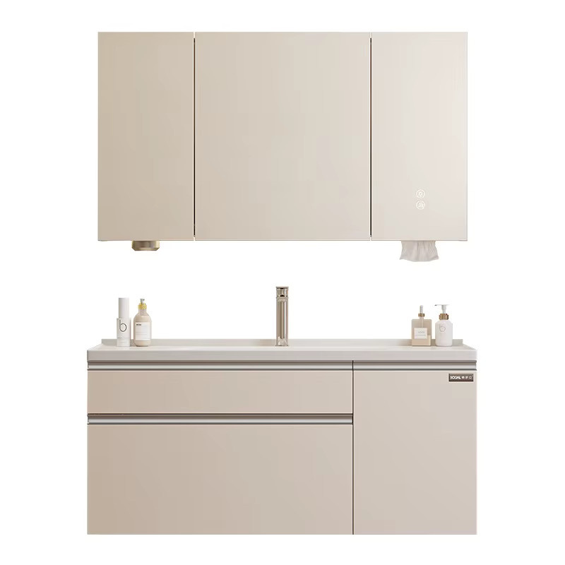 Moderner Badezimmerschrank OAKCIA in Beige mit integriertem Keramikwaschbecken, LED-Beleuchtung und Wandmontage - Bild 2