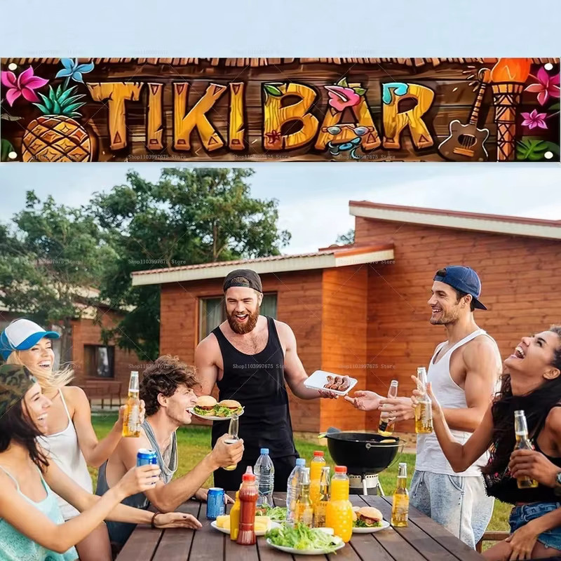 VIKAMA Tropisches Tiki-Bar Banner mit Ananas- und Blumenmuster, Mehrfarbig, B: 180 cm, H: 35 cm - Bild 6