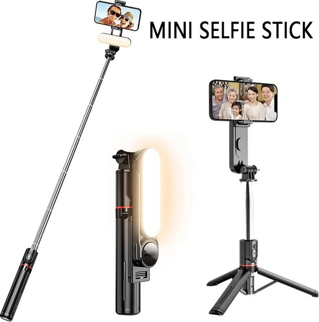Drahtloser Bluetooth-Selfie-Stick mit Fülllicht und Fernbedienung für Smartphone-Videoaufnahmen, Schwarz - Bild 1