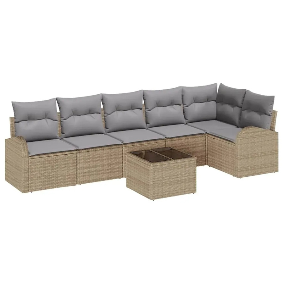 vidaXL Garten-Sofa-Set 7-teilig aus Poly Rattan in Beige und Hellgrau mit Kissen und Tisch im L-Shape Design - Bild 2
