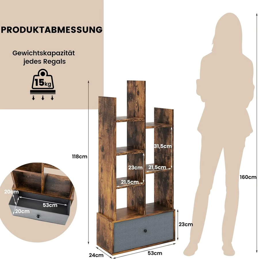 Baumförmiges Bücherregal von GOFLAME mit 7 Fächern und Schublade, Stehregal für Wohnzimmer und Schlafzimmer, B/T/H: 53 x 24 x 118 cm - Bild 4