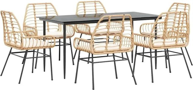 vidaXL 7-teilige Garten-Essgruppe aus Poly Rattan mit Glasplatte und Kissen in Braun und Cremeweiß - Bild 1