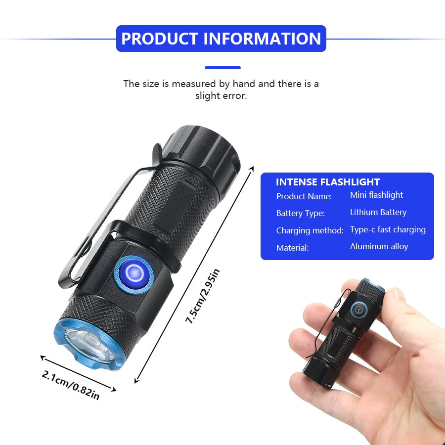 XIWANGFIRE Mini P50 LED-Taschenlampe in Schwarz, wiederaufladbar via USB-C mit Hut-Clip und Magnet für Camping, Jagd und Notfälle - Bild 5