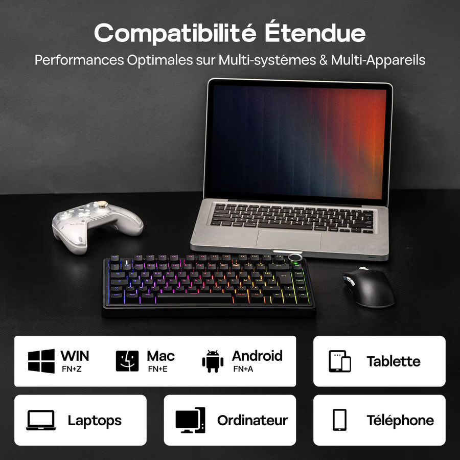AULA F75 Mechanische Gaming-Tastatur mit RGB-Hintergrundbeleuchtung, 75% Layout, ISO-FR AZERTY Französisches Layout, Kabellos (Bluetooth 5.0/2,4GHz) und Kabelgebunden, Schwarz - Bild 3
