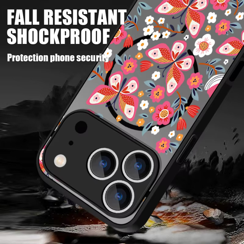 YISHANGOU Magnetische Handyhülle mit Schmetterlings-Blumen-Muster für iPhone 17 Pro Max 16 15 14 13 Pro Max MagSafe kompatibel, Schwarz/Mehrfarbig - Bild 3