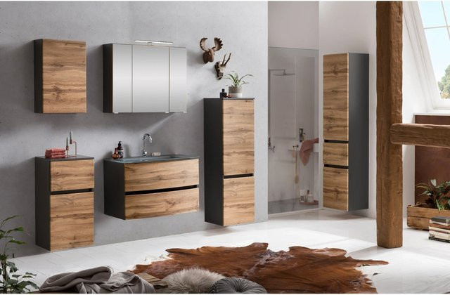 Held Möbel Waschtisch-Set Salerno 2-tlg. in Wotaneiche und Graphitgrau mit Glasbecken und Spiegelschrank, Breite: 80 cm - Bild 1