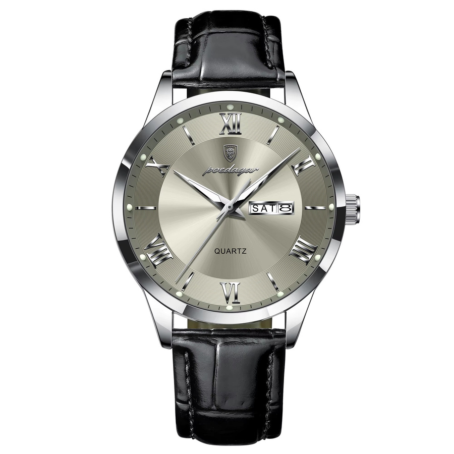 POEDAGAR Armbanduhr Quarz, Leder, Silber, Herren, Datum, Wochentag - Bild 7