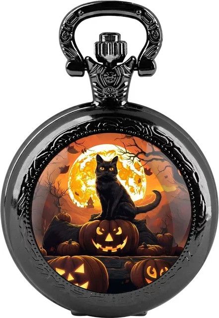 Retro Halloween Quarz-Taschenuhr mit schwarzer Katze und Glaskuppel in Schwarz - Bild 1