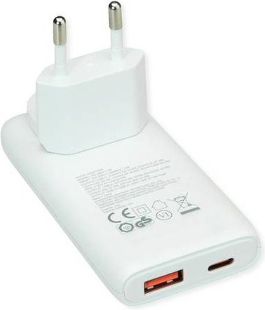 Value USB Charger in Weiß mit 2 Ports Typ A und C sowie Euro- und US-Stecker, 65W - Bild 1