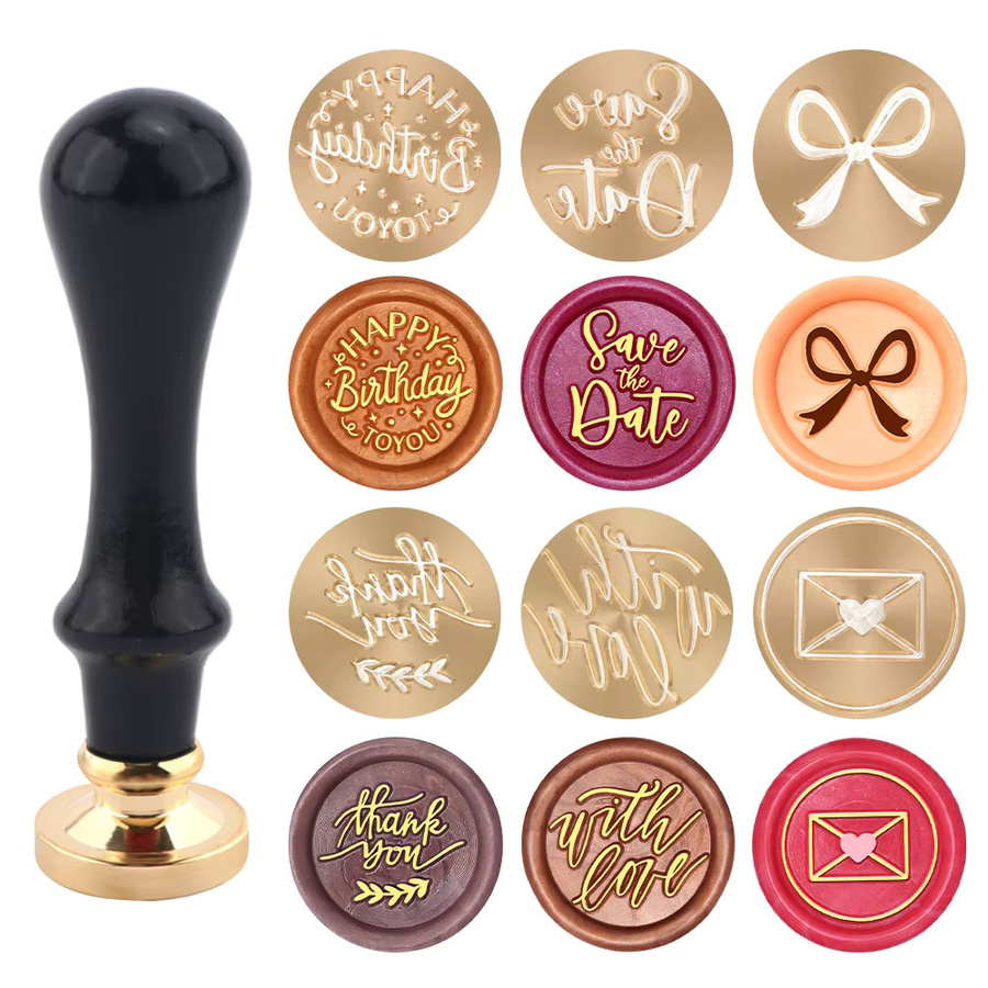 Wachssiegel-Stempel-Set im Vintage-Stil mit 6 Mustern und 1 Holzgriff zur Dekoration von Einladungen - Bild 2