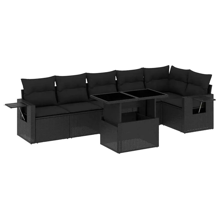 vidaXL 7-teilige Garten-Sofagarnitur in L-Form aus schwarzem Poly-Rattan mit Kissen und pulverbeschichtetem Stahlgestell - Bild 2