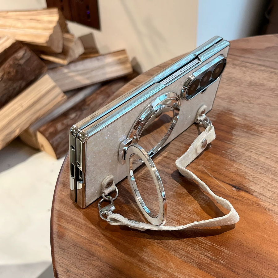 Silberne Glänzende Puder-Kompaktspiegel Handyhülle mit Magnet und Trageriemen für Samsung Z Fold 7/6/5/4/3 - Bild 3