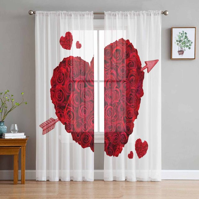 Transparente Tüll-Vorhänge mit Rosen- und Herzmuster für Wohnzimmer und Küche, Farbe: Weiß/Rot, B: 135 cm, H: 115 cm - Bild 1