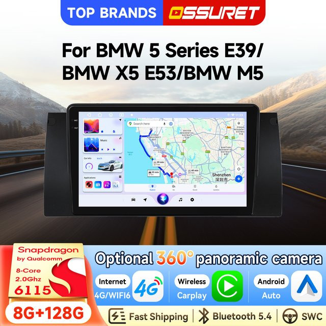 OSSURET Android 14 Autoradio mit GPS, Octa Core 6115, 4G-LTE, WLAN und Bluetooth für BMW 5er E39, X5 E53 und M5 in Schwarz - Bild 1