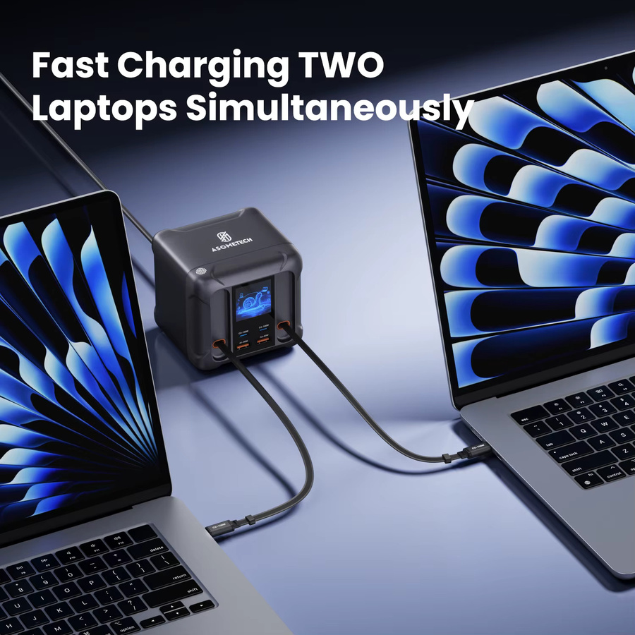 ASOMETECH 300W GaN USB-Ladegerät mit LED-Anzeige und einziehbarem USB-C-Kabel, PD3.0 PPS Schnellladestation für Macbook und Samsung, Schwarz/Grau - Bild 4