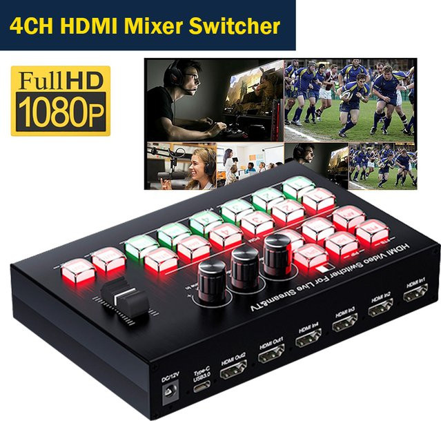Konsenda 4-Kanal HDMI Video Mixer Switcher 4x2 1080P für Broadcast, Live Streaming und OBS Aufnahme, Schwarz - Bild 1