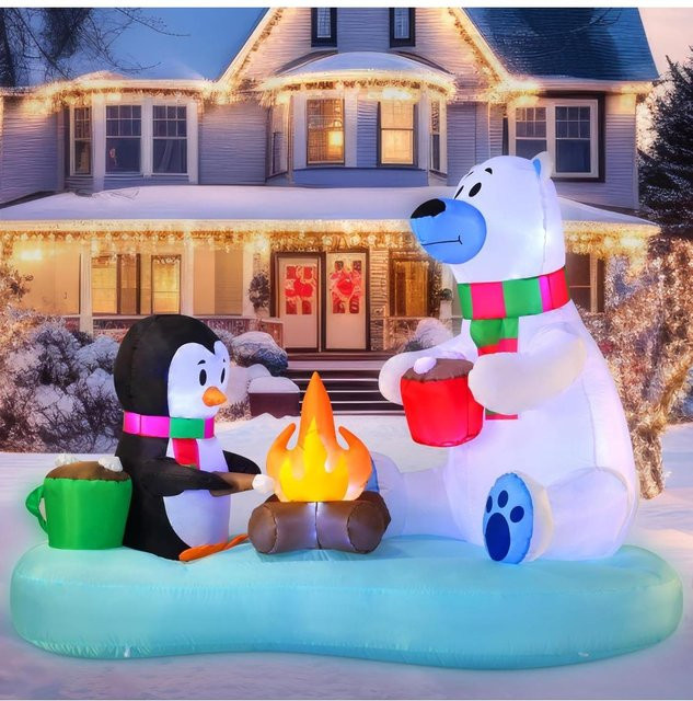 Aufblasbare Weihnachtsdekoration Discover Intime mit Polarbär, Pinguin und Lagerfeuer in Grau und Weiß, 183 cm (6 FT) - Bild 1