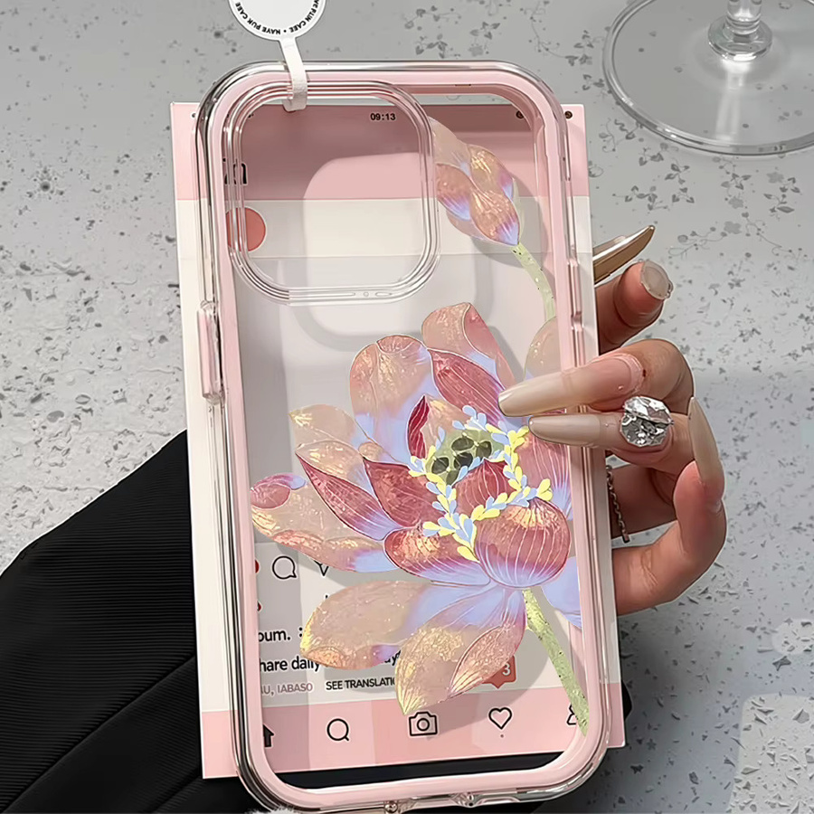 Caynes Shockproof Handyhülle aus transparentem TPU mit rosa Lotus-Design für iPhone Modelle - Bild 2