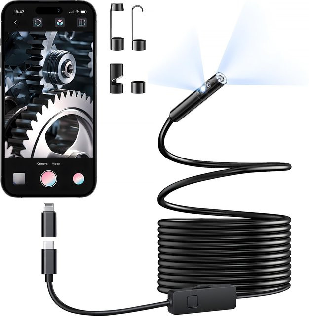 KERUI Endoskop Kamera mit Single oder Dual Lens für iPhone, iPad (iOS) und Android (USB-C), Schwarz, IP67 wasserdicht mit LED Licht für Industrieinspektionen - Bild 1