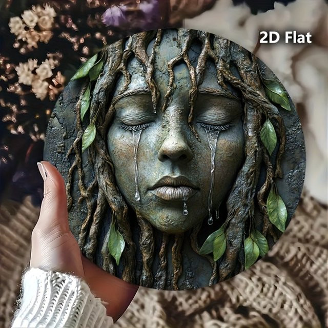 HELLOYOUNG Vintage Wandkunst aus Metall mit Baum und Frauengesicht, rundes Metallschild im Retro-Design mit tropfendem Wassereffekt, Durchmesser: 20,3 cm, Mehrfarbig - Bild 1