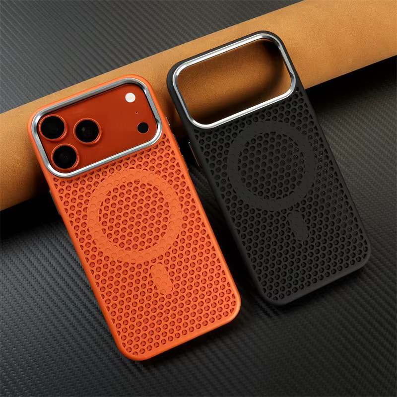 SUNWARD MagSafe Handyhülle mit Wabenmuster-Netzgewebe zur Wärmeableitung für iPhone 12 bis iPhone 17 Pro Max, stoßfeste PC-Hartschale, Schwarz oder Orange - Bild 2