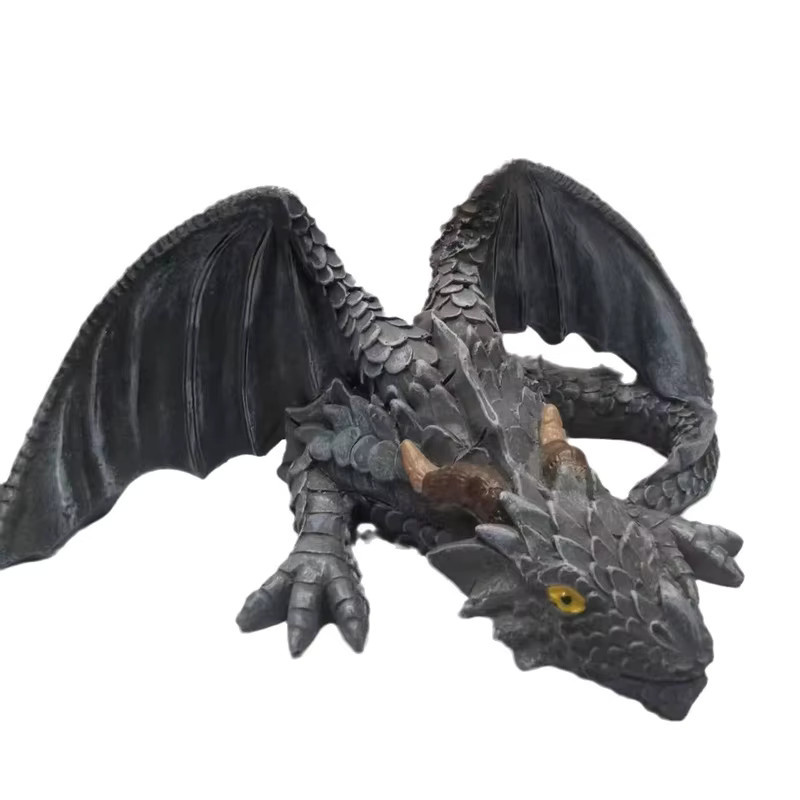 Große hockende Drachen Skulptur aus Harz in Grau als Gothic Gartenwächter und Outdoor Dekoration - Bild 5