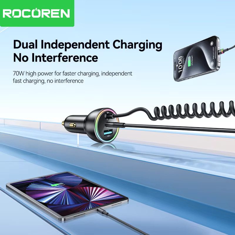 Rocoren 70W USB-Autoladegerät in Schwarz mit PD 35W USB-C Schnellladefunktion und Federladekabel für iPhone und Xiaomi - Bild 4