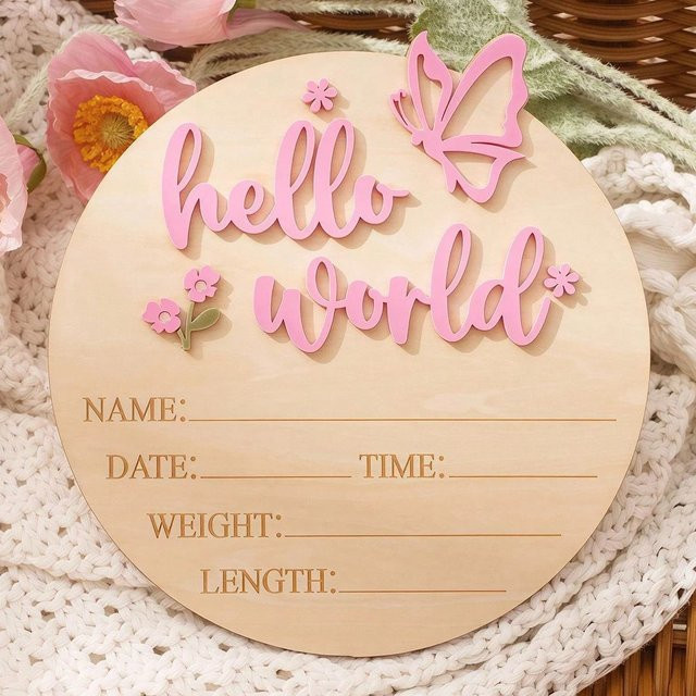 Ylsteed Hello World Namensschild für Neugeborene aus Holz in Pink mit Schmetterling und Sternen, runde Baby-Geburtsankündigung als Tischdeko - Bild 1