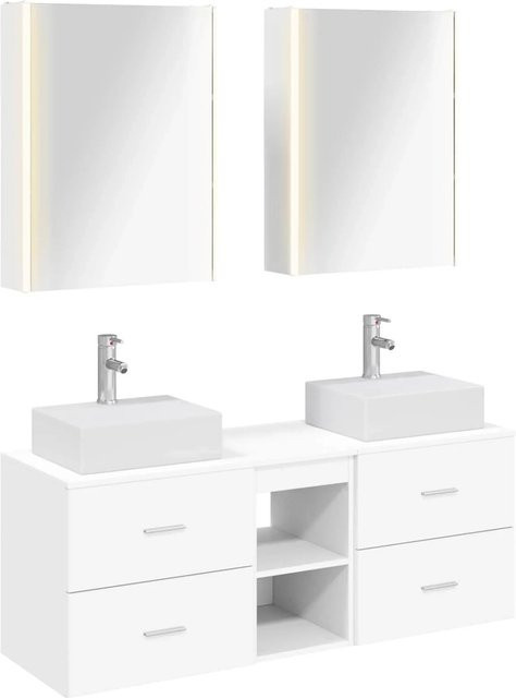 vidaXL Badezimmermöbel-Set 5-teilig in Weiß, modern mit Spiegelschrank, Wandschrank und Waschtischunterschrank aus Ingenieurholz und Glas mit LED-Beleuchtung - Bild 1