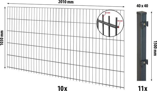 Floraworld Doppelstabmatten-Zaunset mit Pfosten aus Stahl in Anthrazit, Höhe: 200 cm, Breite: 103 cm, Pfostenmaß: 4 x 4 cm - Bild 1