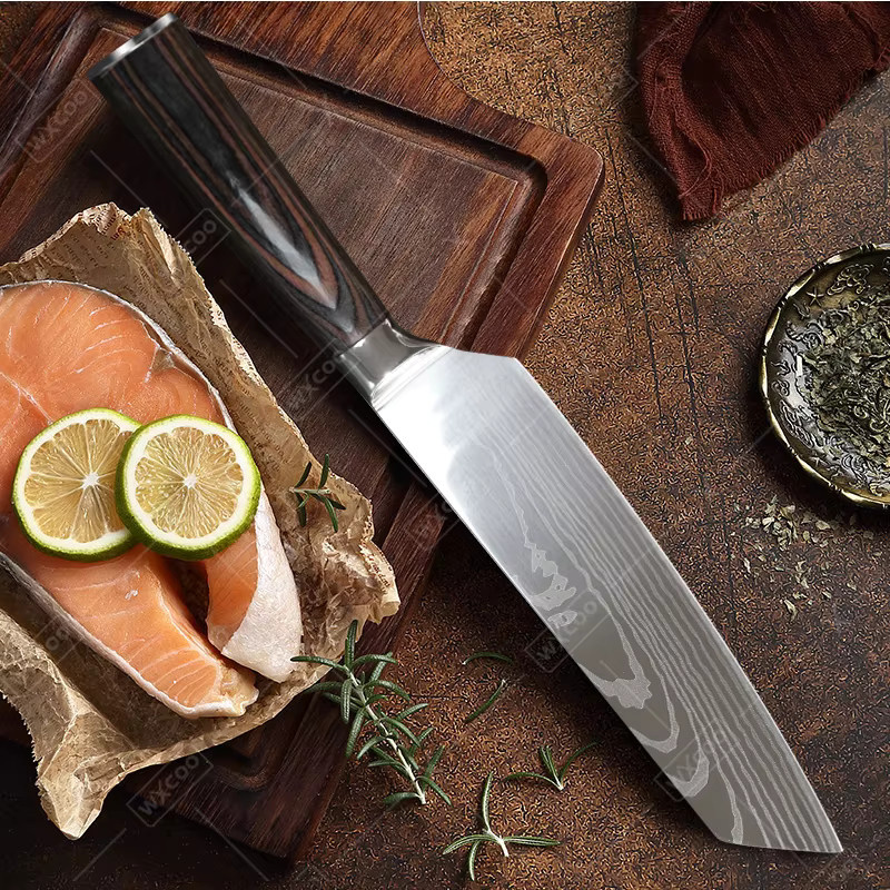 WXCOO Japanisches Kochmesser-Set aus Edelstahl mit Damast-Muster in Silber, bestehend aus Fleischbeil und Slicer-Messer - Bild 4
