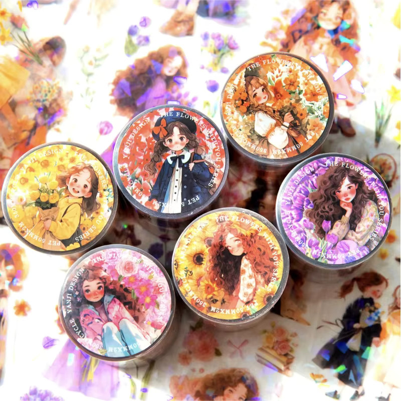 JotBox Washi Tape Set mit Vintage Blumenmädchen Motiven, 5x 200 cm, Multicolour, PET-Klebeband für Scrapbooking und Journaling - Bild 4