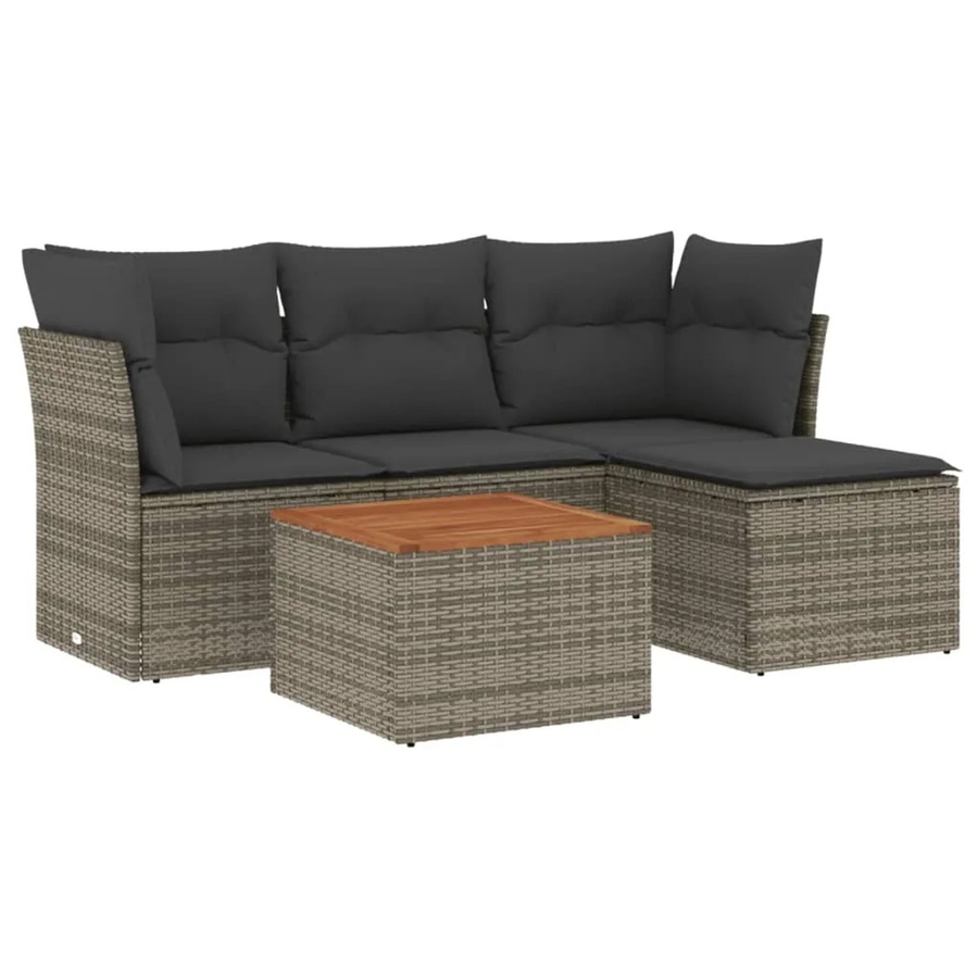 vidaXL 5-teilige Garten-Sofagarnitur in L-Form aus grauem Poly-Rattan mit Kissen und Akazienholz - Bild 2
