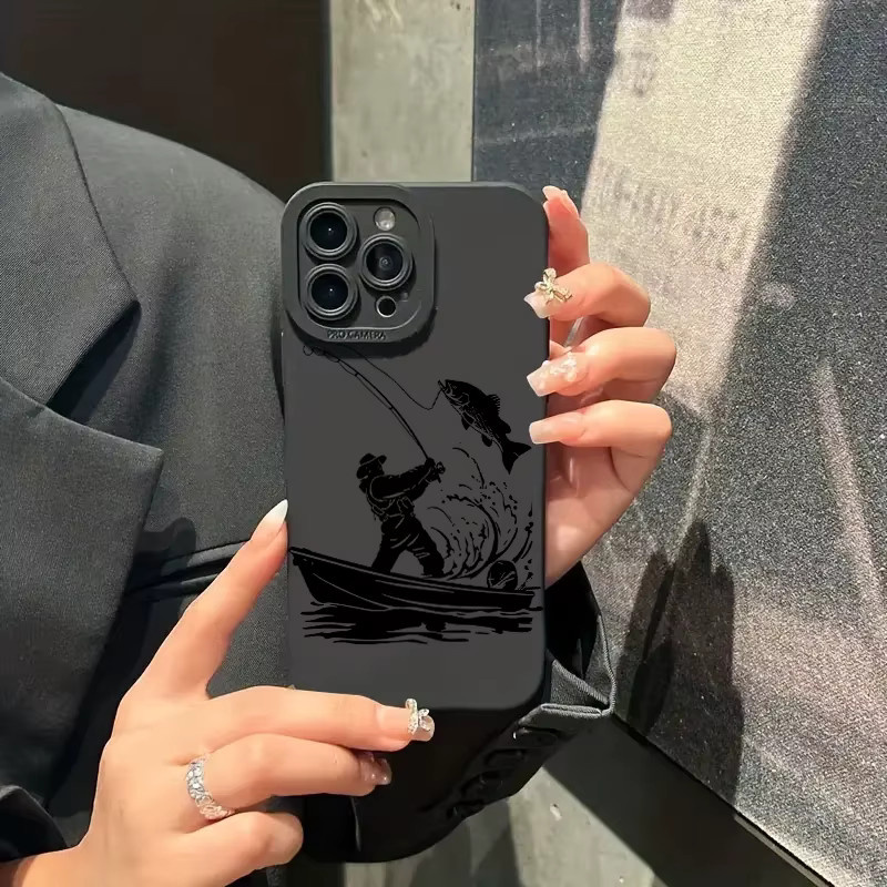 Silikon Handyhülle mit Line Fishing Man Muster für iPhone 11 bis 17 Pro Max in Schwarz - Bild 3