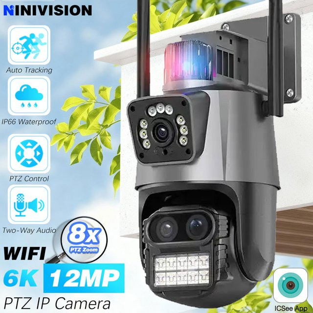 NINIVISION 12MP PTZ IP Kamera mit 8X Zoom, Drei-Objektiv Dual Screen, Auto Tracking und Wifi für Smart Home Outdoor Überwachung via ICsee - Bild 1