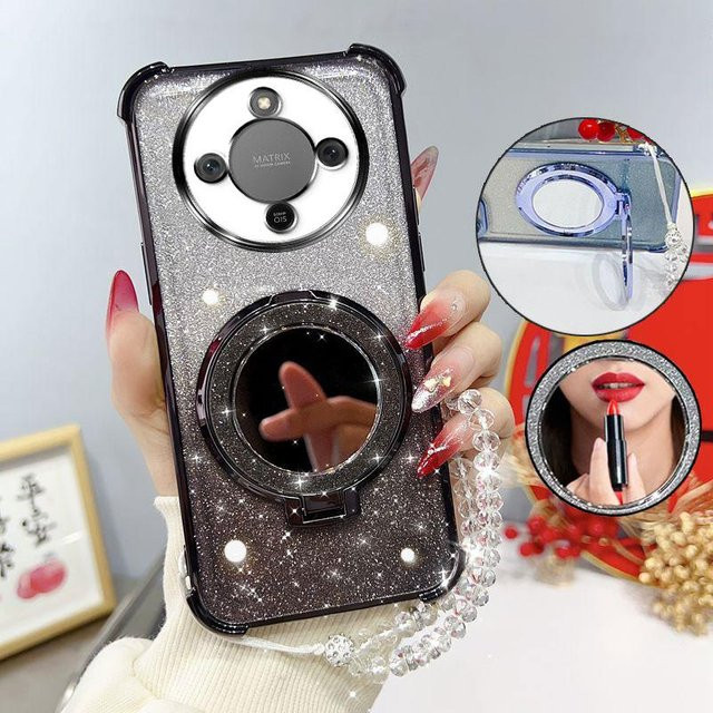 Glitzer Handyhülle mit Spiegel und Armband für Honor Magic 8 Pro Magic 8 Lite 7 6 5 Lite 400 Lite in Schwarz und Transparent, stoßfeste Vier-Ecken-Schutzhülle - Bild 1